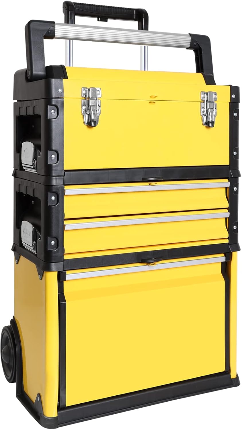 RED – Caja de herramientas portátil apilable de metal con ruedas y 2 cajones