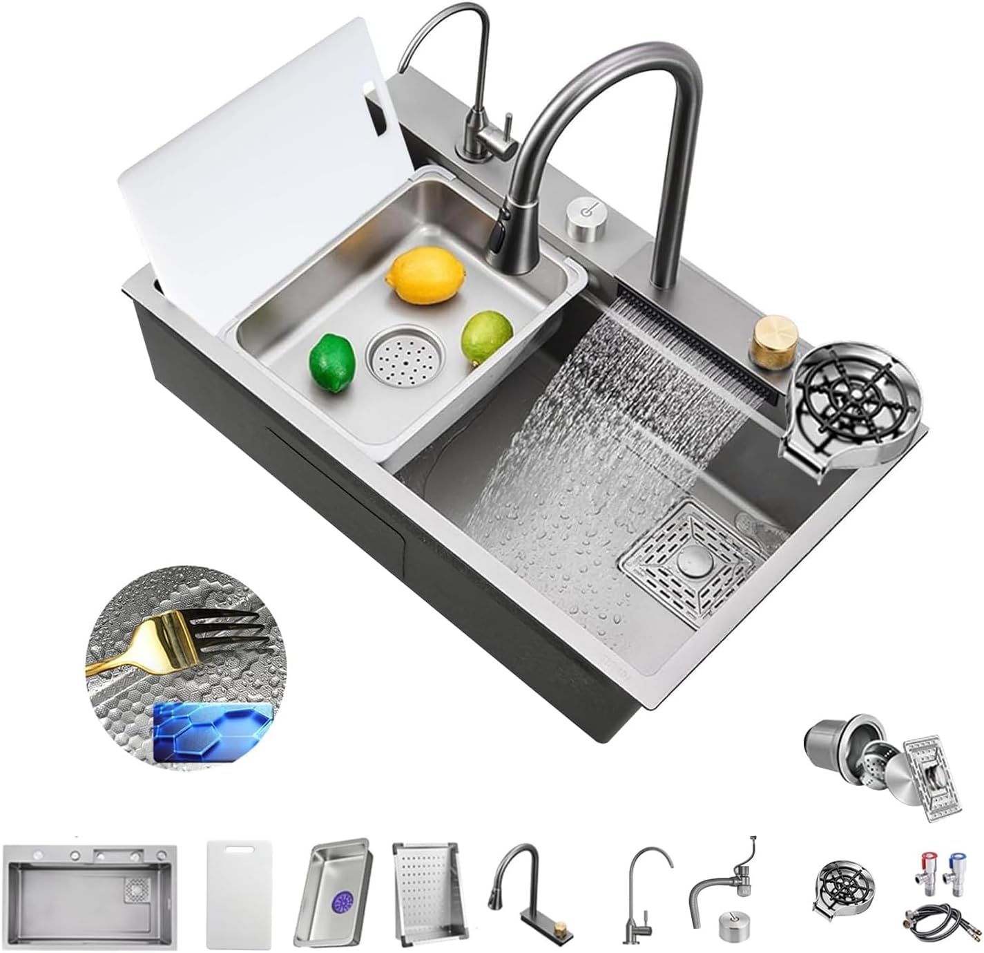 Muzens Fregadero de Cocina, 80 * 45cm Cascada Taz?n Cuadrados de Acero
