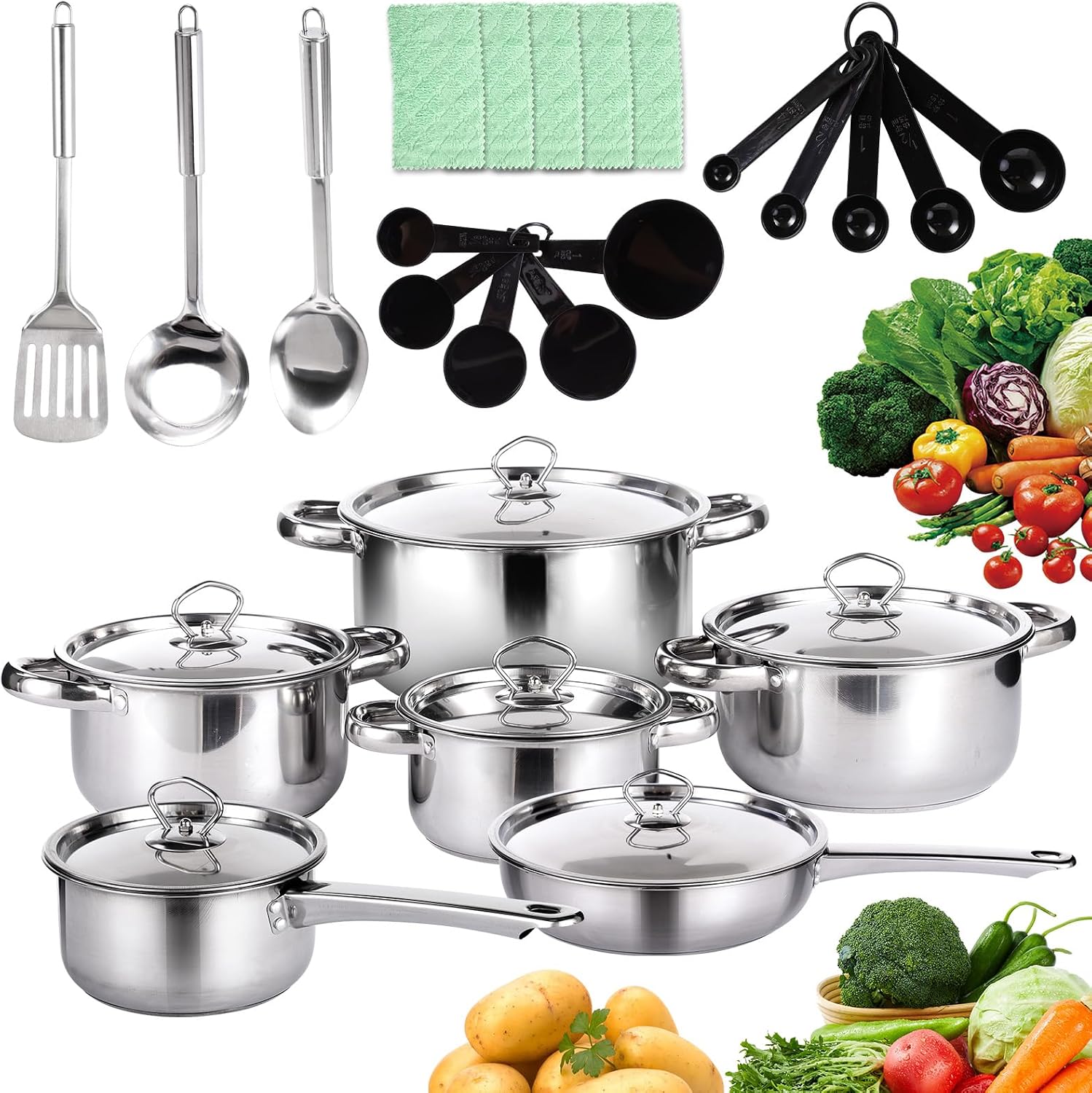 Batería de Cocina Acero Inoxidable 15 piezas, Sartenes Antiadherente