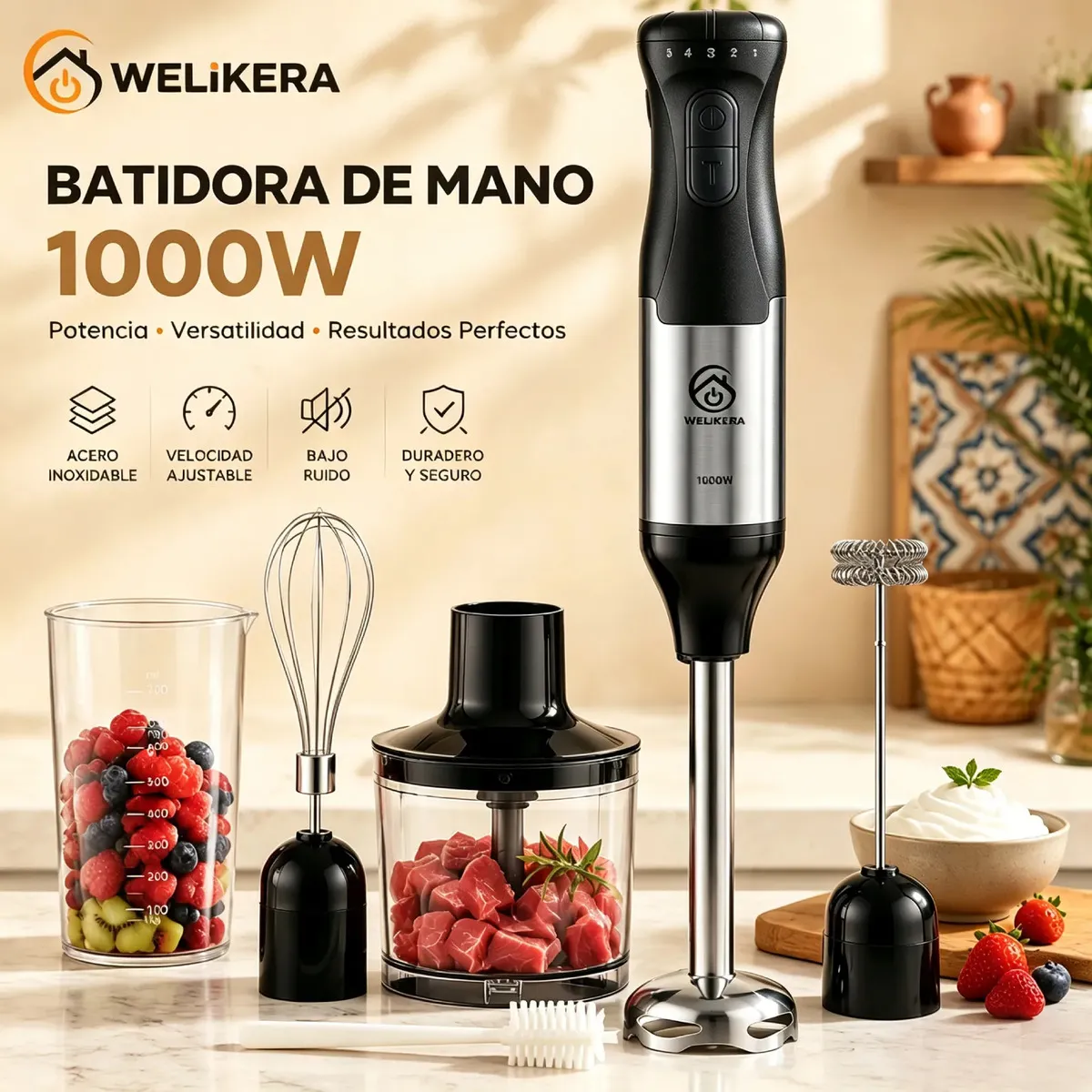 licuadora mano 4 en 1, 1000W Acero Inoxidable