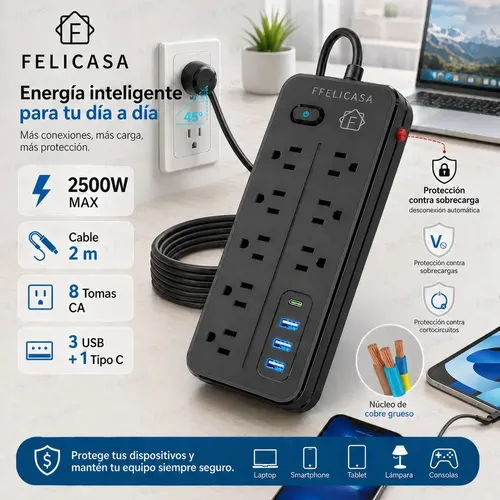 Felicasa 2M Multicontactos USB 2500W 8 Salidas + 3 USB + Type C