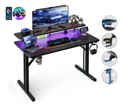 Escritorio Gamer RGB 100x60cm con Tomas y Luces LED
