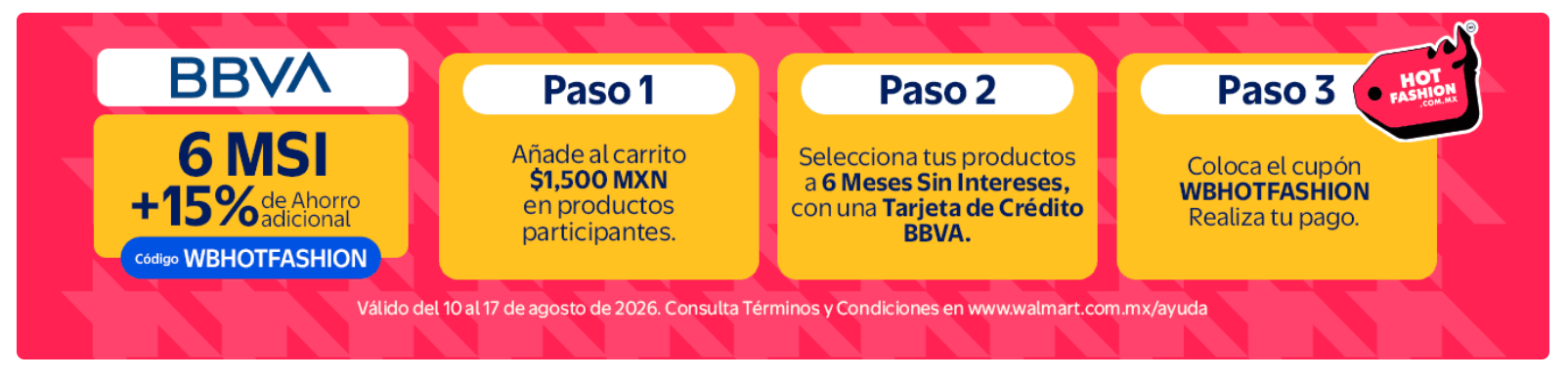 Walmart:  6 MSI + 15% de Ahorro adicional con Tarjeta de Crédito BBVA
