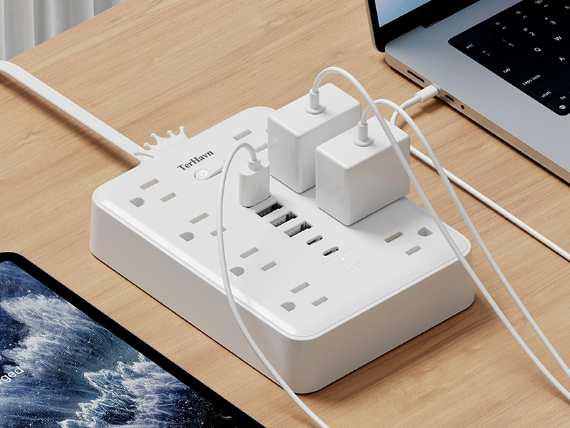 TerHavn Extension electrica Corta 1.5M y Regleta Multicontacto con 8 Tomas y 6 USB (2 USB-C) –