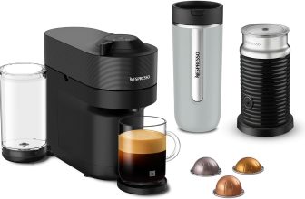 Nespresso Cafetera Vertuo Pop Negra con Espumador y Termo