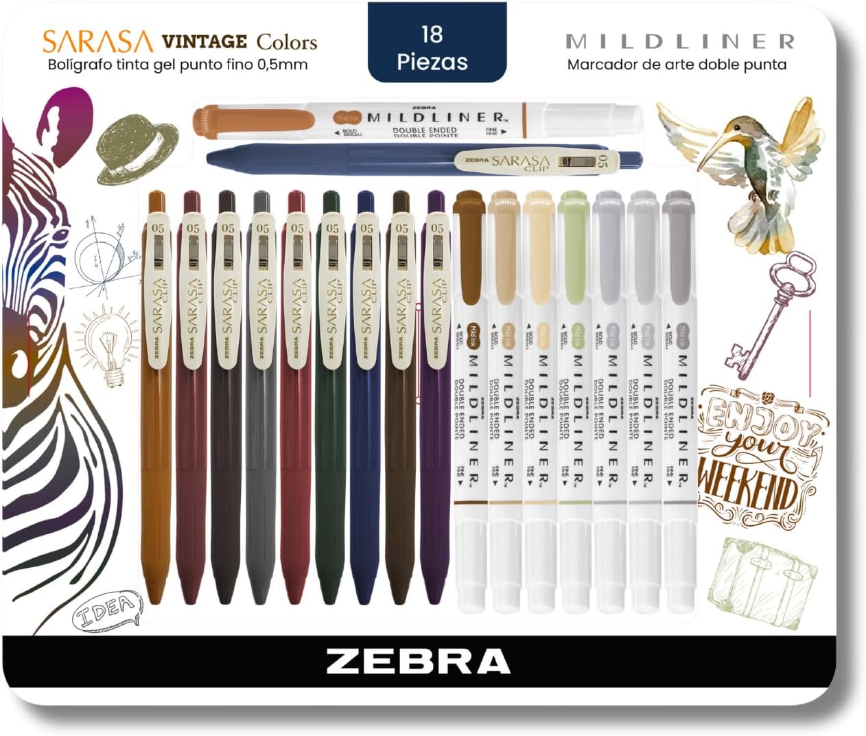 Zebra Vintage Colors 18 Piezas – Clamshell con 10 Bolígrafos Sarasa Clip Vintage 0.5 mm Tinta Gel