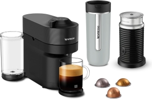 Nespresso Cafetera Vertuo Pop Negra con Espumador y Termo