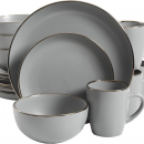 Gibson Home – Vajilla Rockaway redonda de gres, servicio para 4 (16 piezas), borde gris y dorado