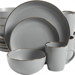 Gibson Home – Vajilla Rockaway redonda de gres, servicio para 4 (16 piezas), borde gris y dorado